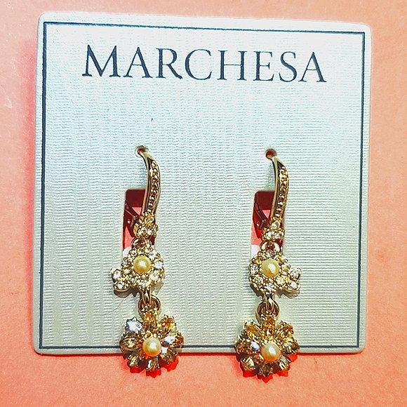 ☆NWT☆ Marchesa gold and rhinestone drop earrings - Picture 2 of 7